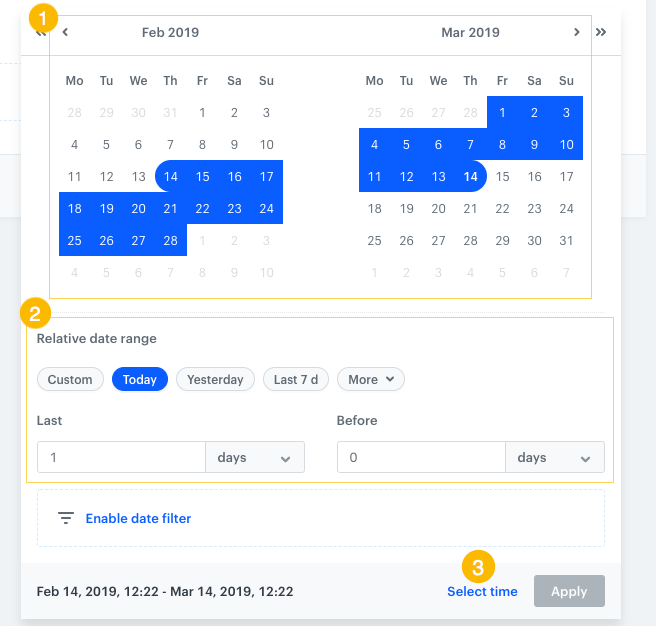 Image presents two calendars with period marked blue and relative date range picker.