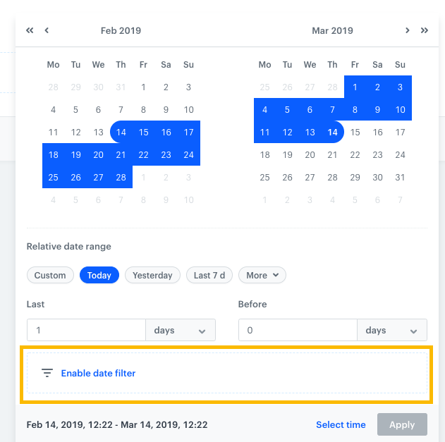 Image presents two calendars and section enable date filter marked.