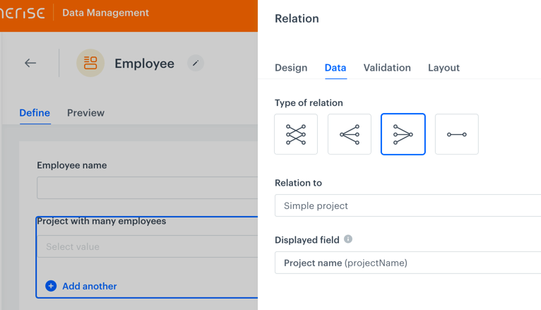 The employee schema with a relation to the project schema. The Data tab of the relation field is open for editing.