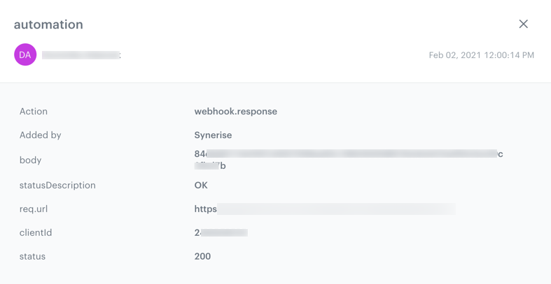 A webhook response with 200 status on a profile of a test customer