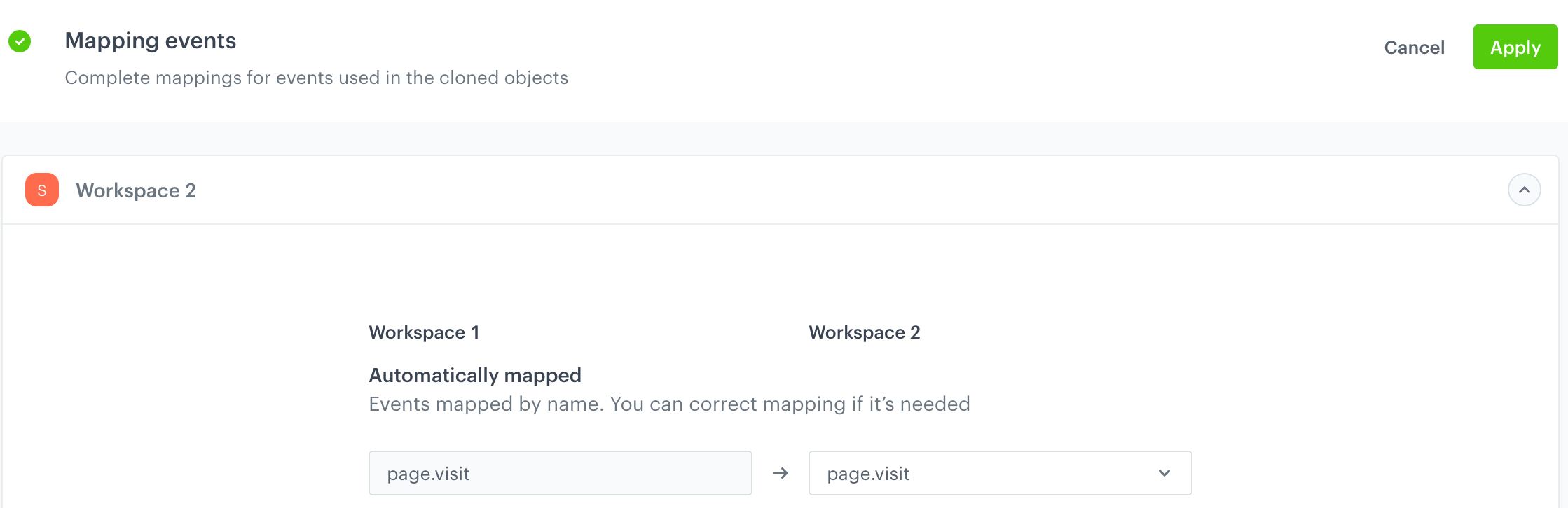 Mapping events compatible in the source and target workspaces