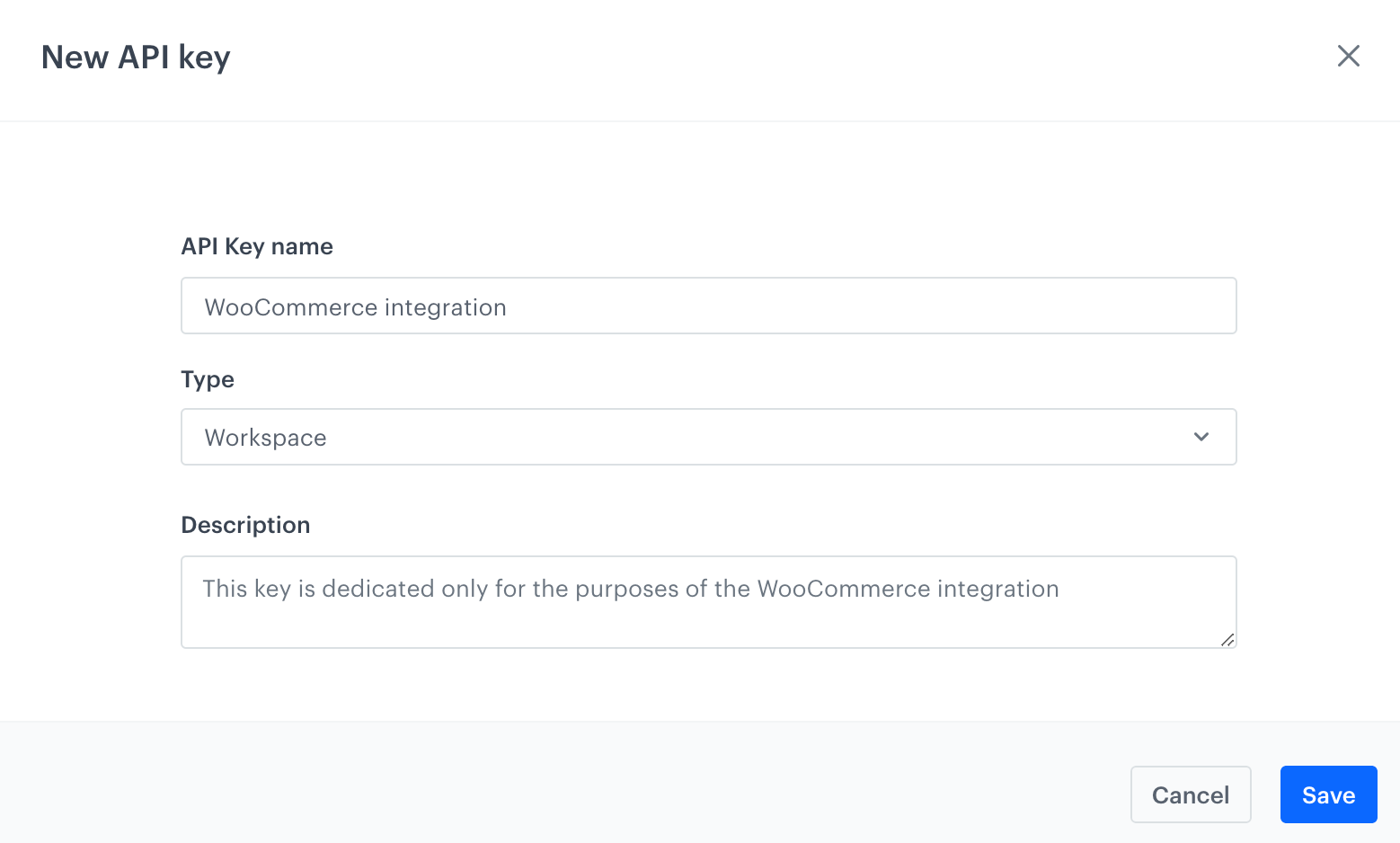 Adding a new API key for the WooCommerce integration