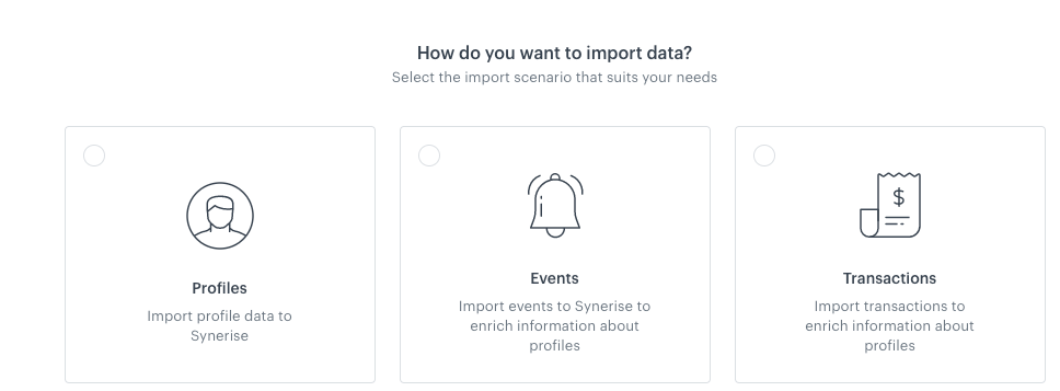 The modal with selecting the type of data to import