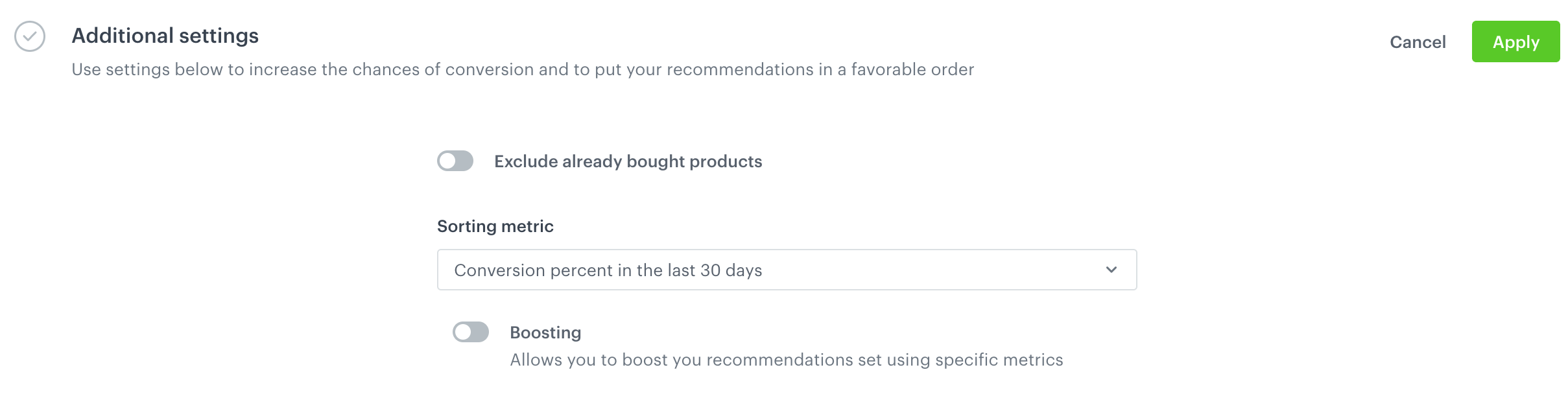 A metric that arranges the order of the items in the recommendation according to the conversion percentage