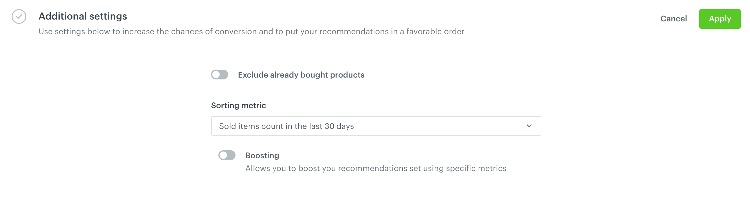 A metric that arranges the order of the items in the recommendation according to the amount of sold items