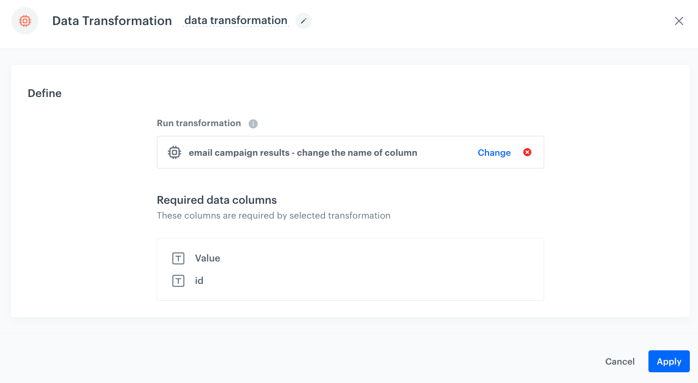 The configuration of the Data Transformation node